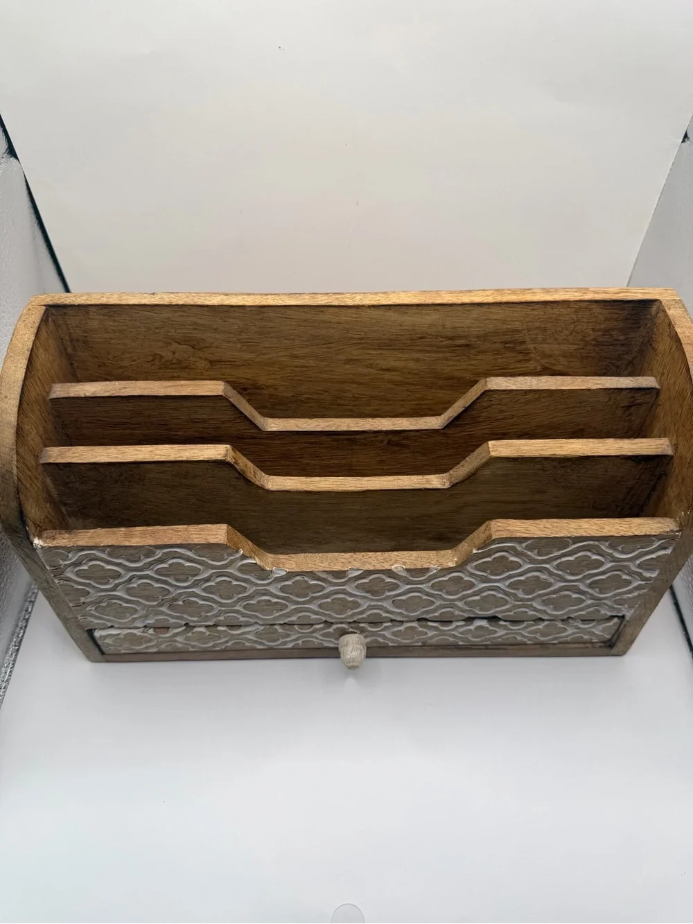 Wood Desk Mail Organizer with Drawer Rustic Boho Letter Holder